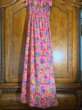 Pink Tropical Print Maxi Skirt with Elastic Waist